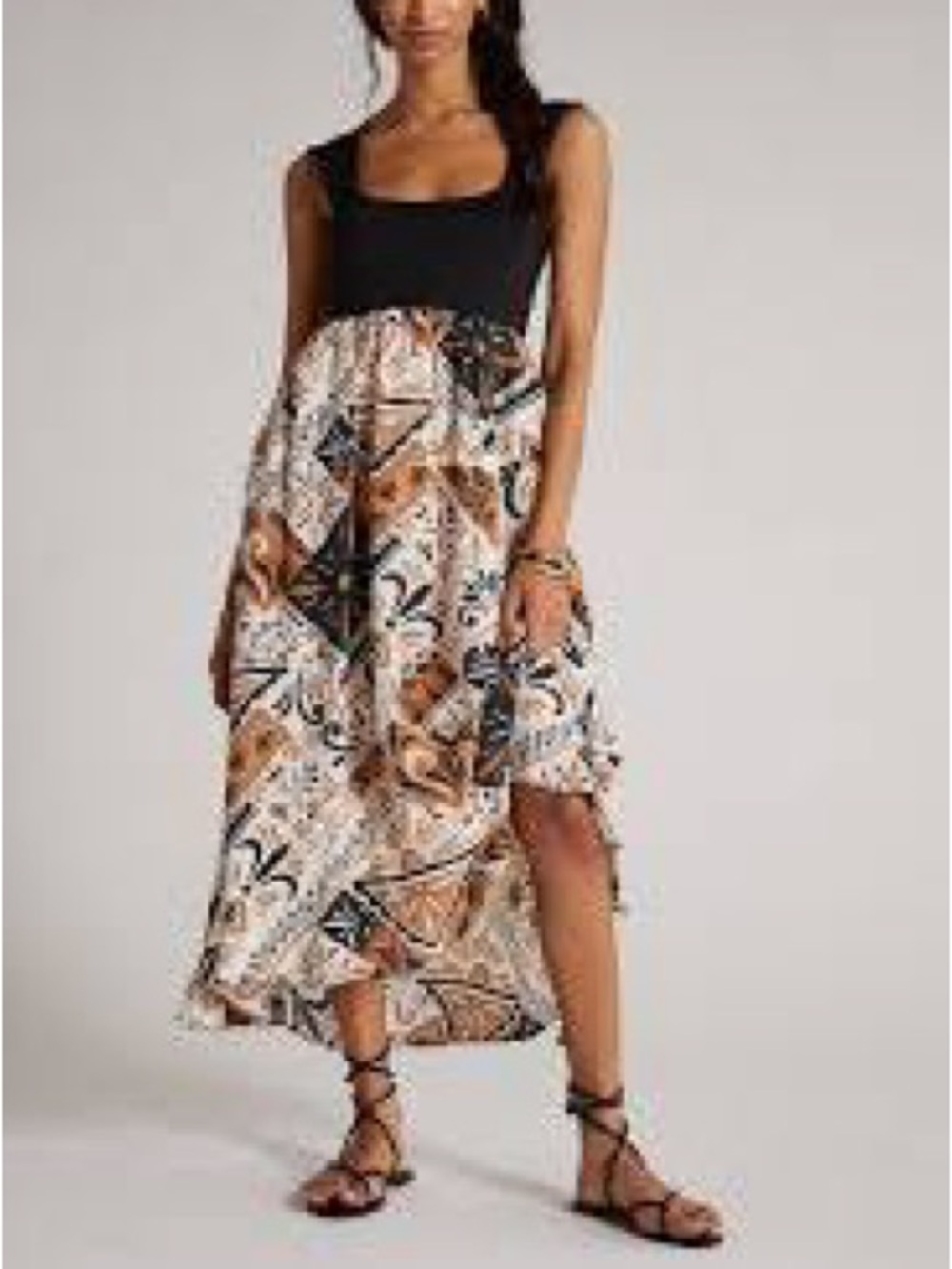Anthropologie Printed Twofer Maxi Dress Black Motif High Low Size XS Petite